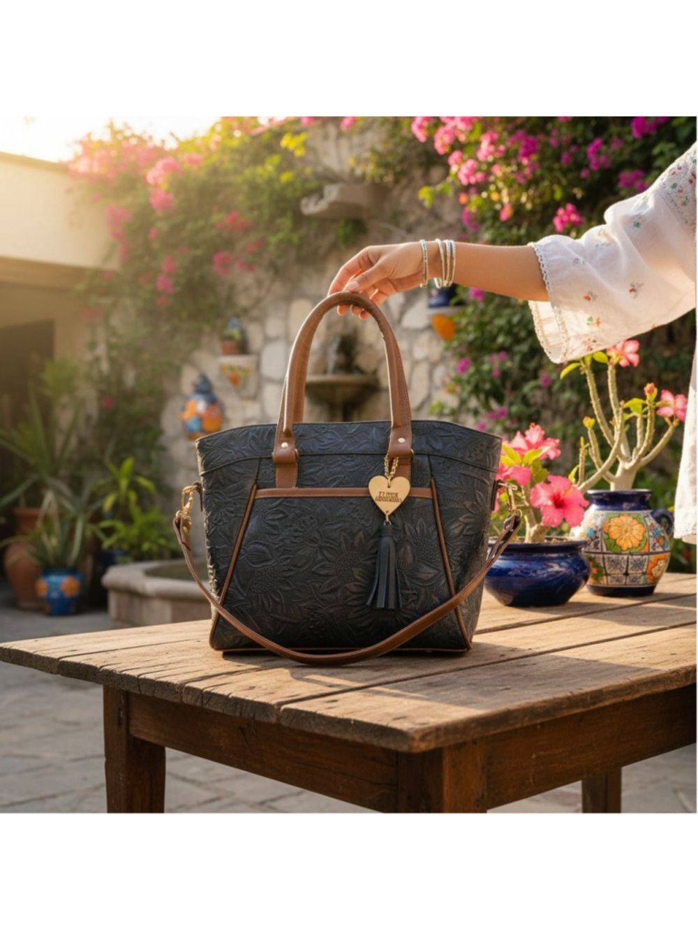 Sunflower Marine NAVY Blue Brown Embossed Tooled Artisan LEATHER Purse Handbag - Picture 16 of 16